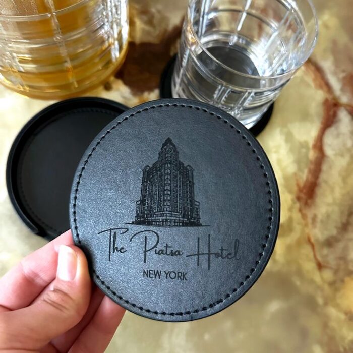 Custom Engraved Coaster Set Corporate Promotional Items Corporate Swag Custom Logo Merch Hotel Branding Leather Coaster Set Branded Merch